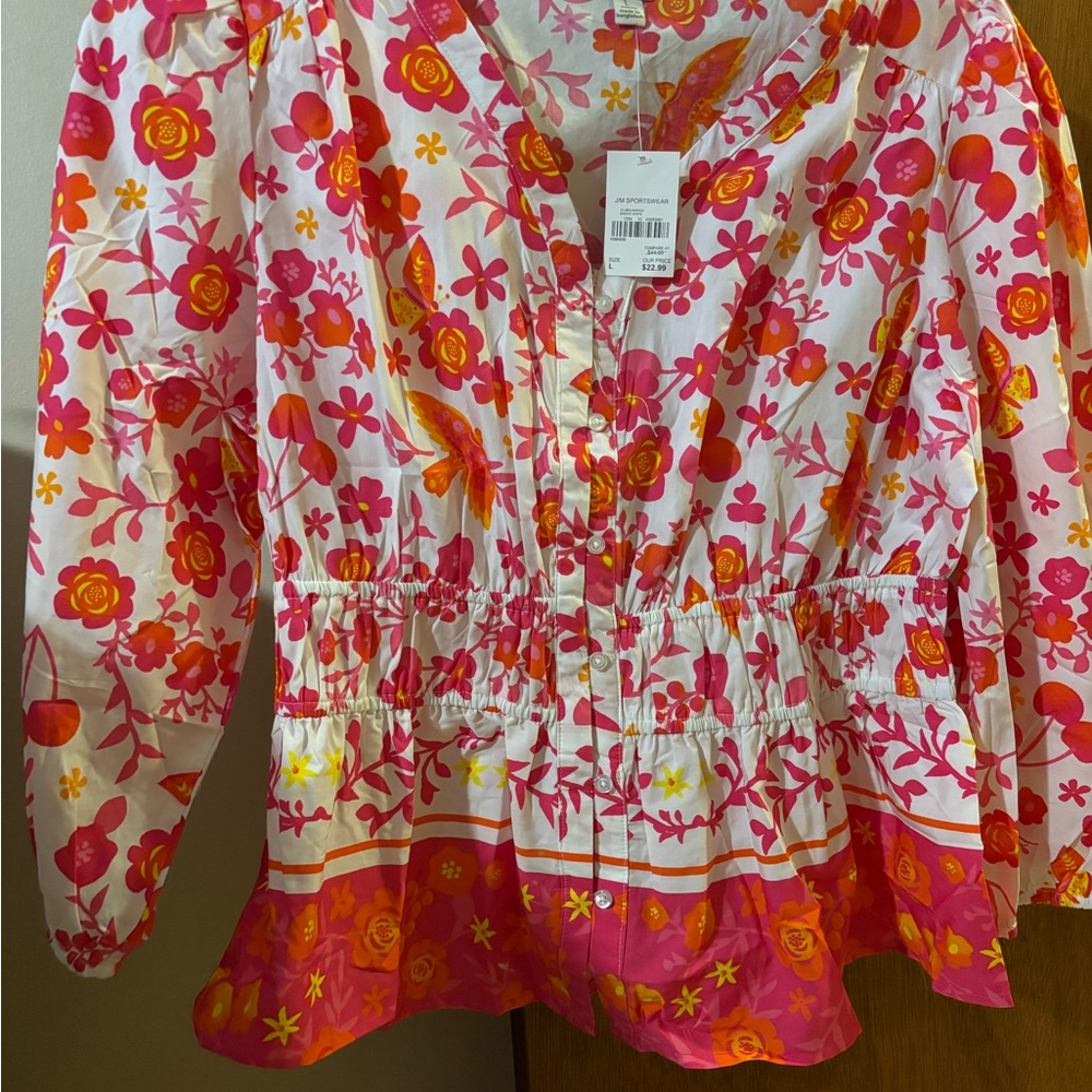Women’s Cato Pink and Orange Butterfly, Cherry and Floral Blouse Size Large NWT